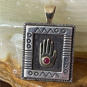 Victoria Adams Sterling Silver 14K Yellow Gold With Ruby Hamsa Pendant RARE HTF